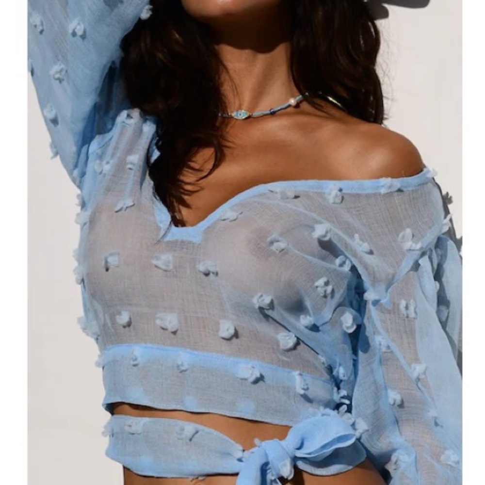 Sky Blue Textured Women's Blouse - Picture 1 of 9